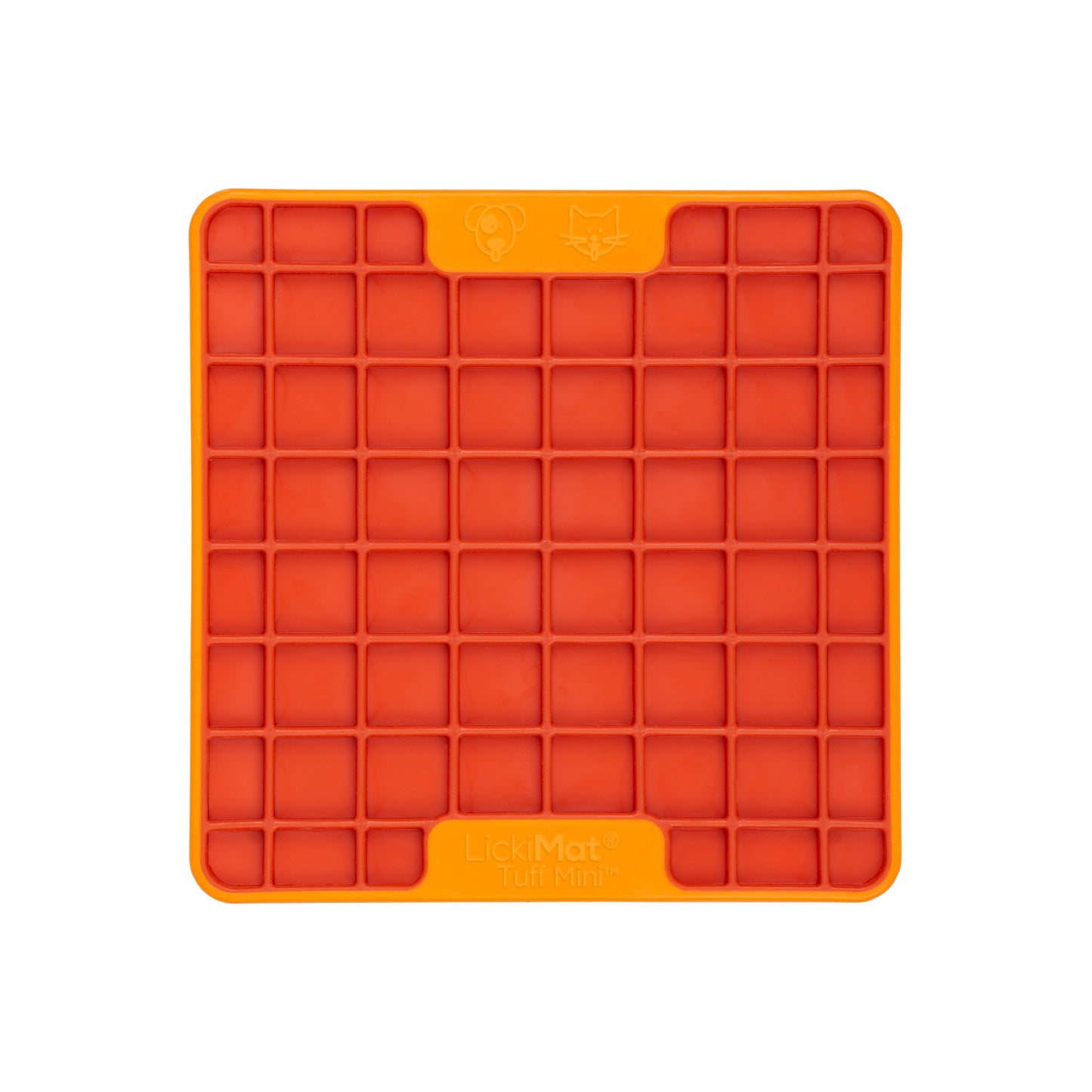 Orange LickiMat® Mini Tuff Playdate™ – Durable Slow Feeder Lick Mat for Cats (front) on white background