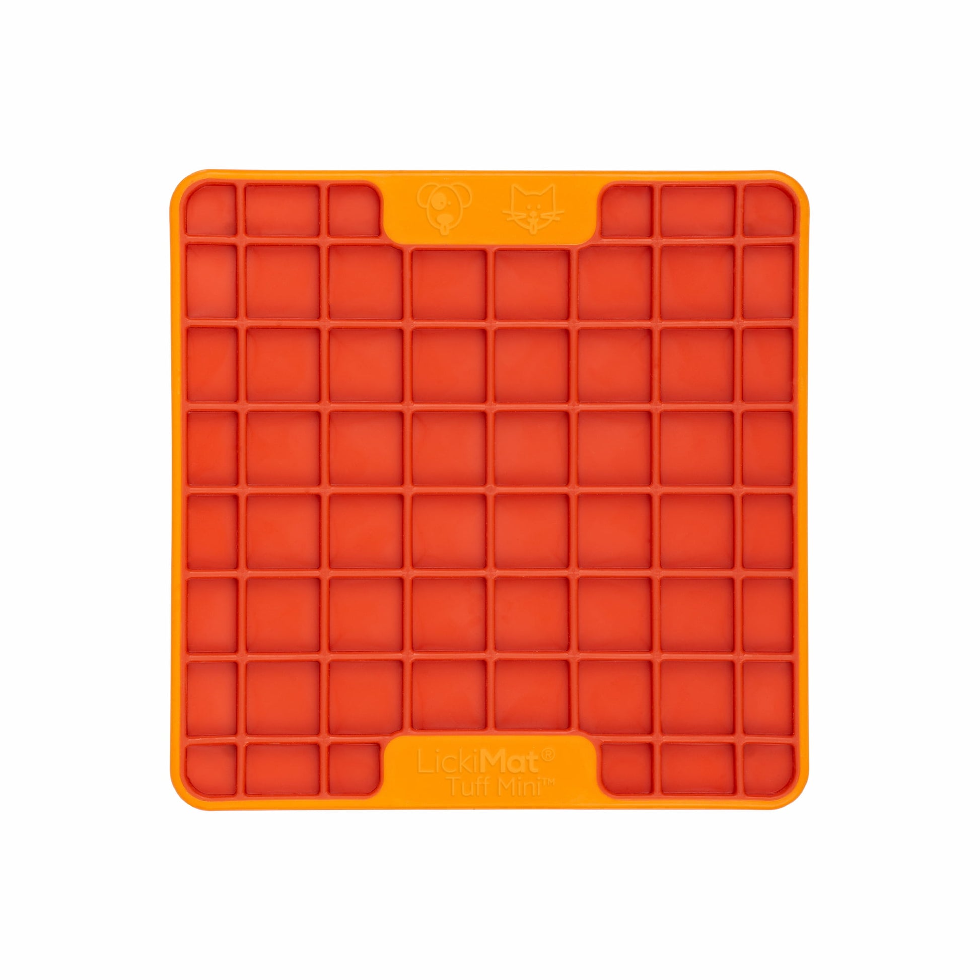 Orange LickiMat® Mini Tuff Playdate™ – Durable Slow Feeder Lick Mat for Cats (front) on white background