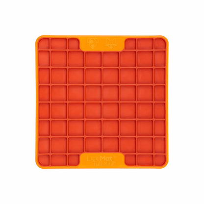 Orange LickiMat® Mini Tuff Playdate™ – Durable Slow Feeder Lick Mat for Cats (front) on white background