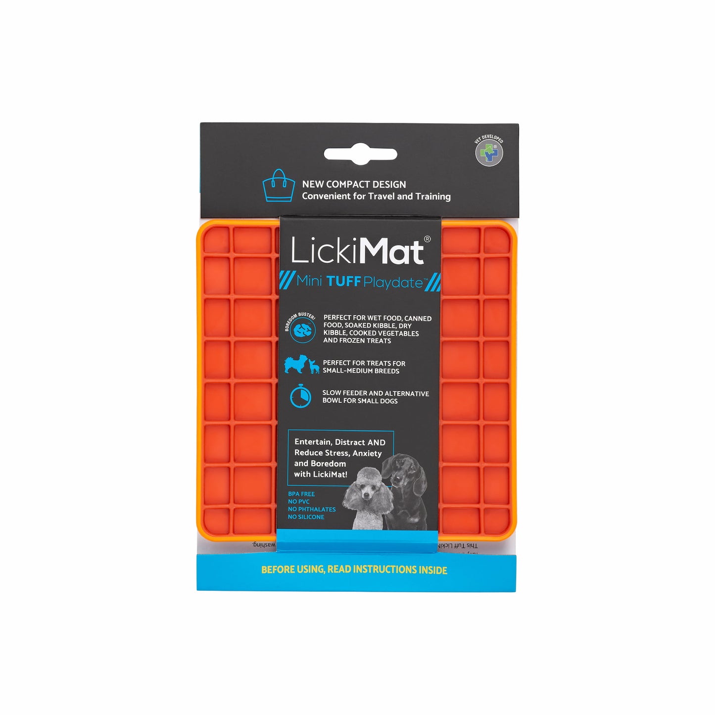 Orange LickiMat® Mini Tuff Playdate™ – Slow Feeder Lick Mat for Small Dogs (label) on white background