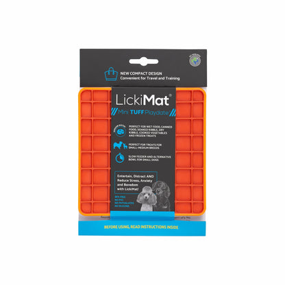 Orange LickiMat® Mini Tuff Playdate™ – Slow Feeder Lick Mat for Small Dogs (label) on white background