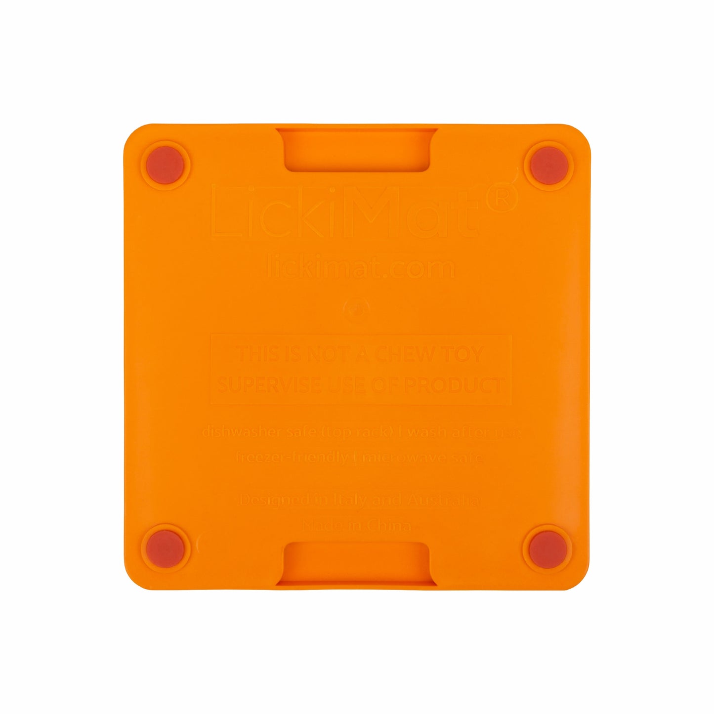 Orange LickiMat® Mini Tuff Playdate™ – Durable Slow Feeder Lick Mat for Cats (rear) on white background