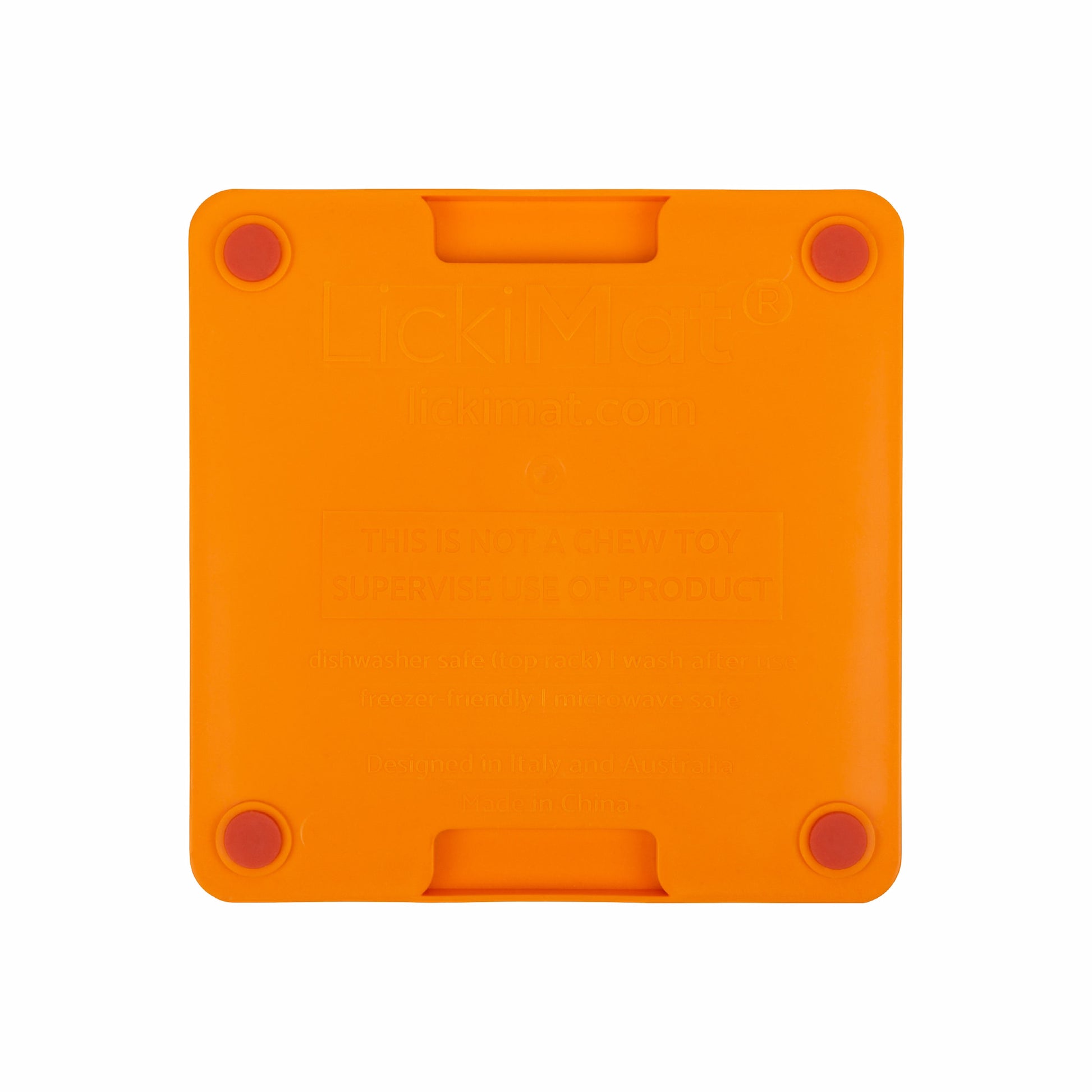 Orange LickiMat® Mini Tuff Playdate™ – Durable Slow Feeder Lick Mat for Cats (rear) on white background
