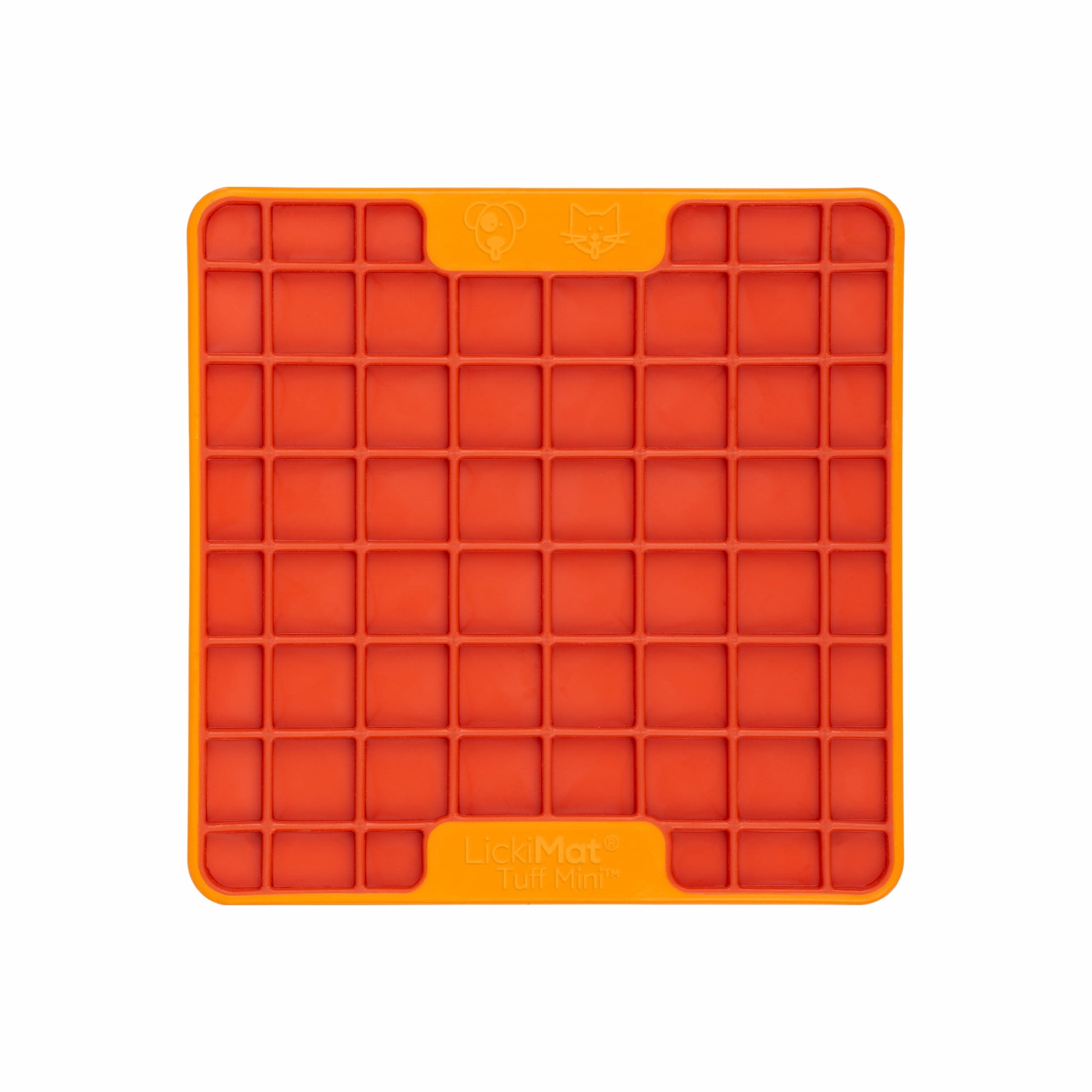 Orange LickiMat® Mini Tuff Playdate™ – Slow Feeder Lick Mat for Small Dogs (front) on white background
