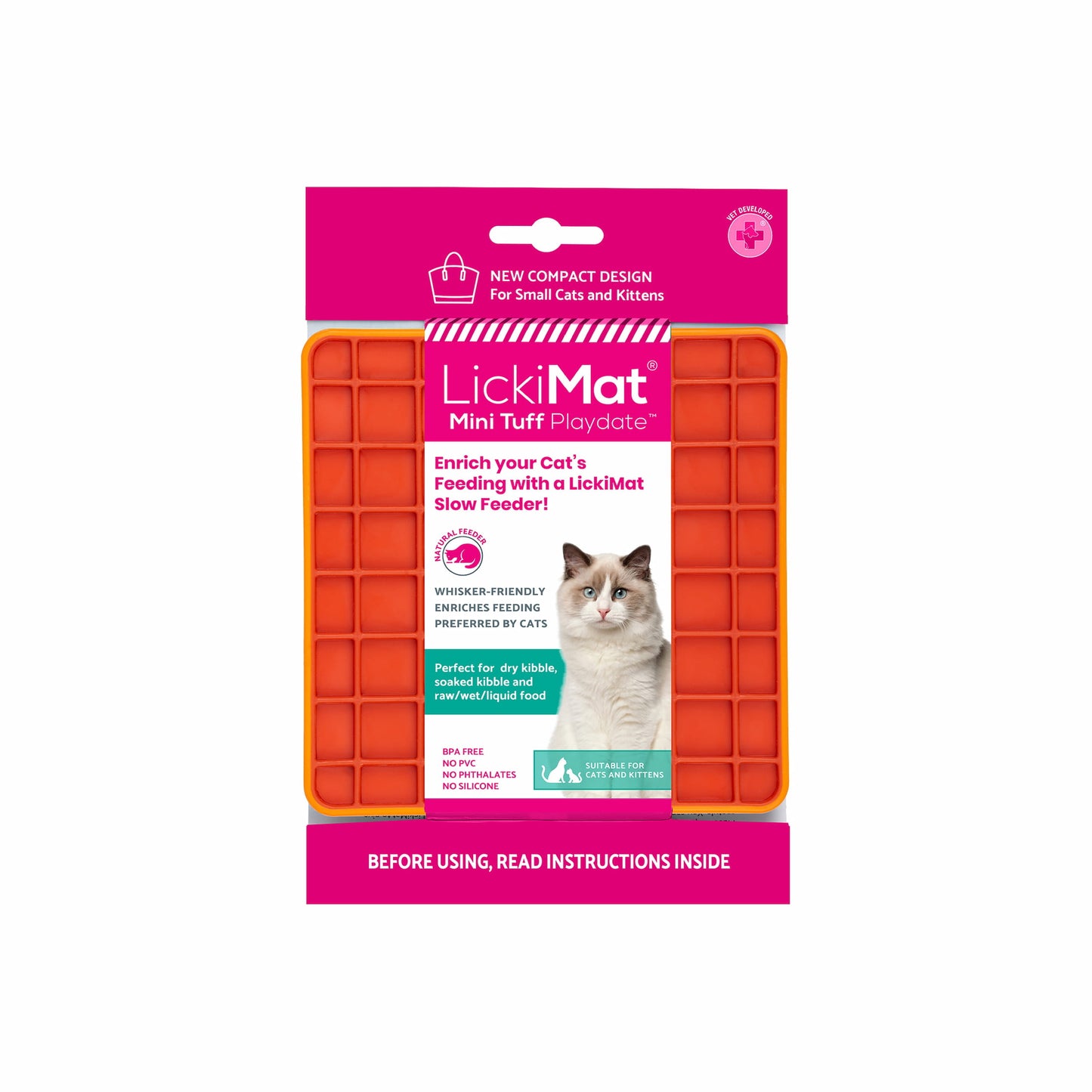 Orange LickiMat® Mini Tuff Playdate™ – Durable Slow Feeder Lick Mat for Cats (label) on white background