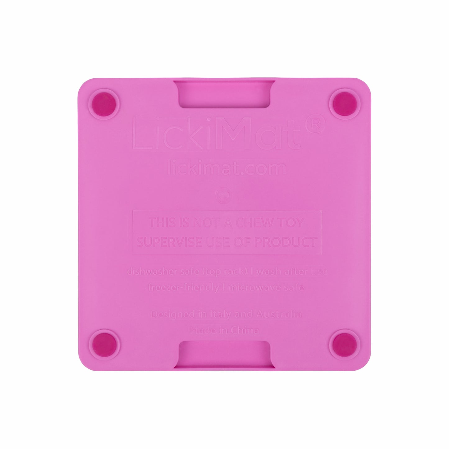 Pink LickiMat® Mini Tuff Playdate™ – Durable Slow Feeder Lick Mat for Cats (rear) on white background