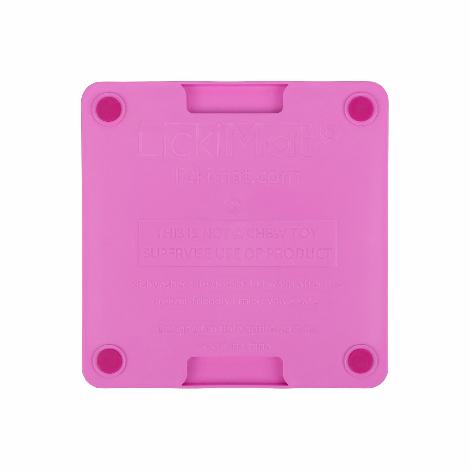 Pink LickiMat® Mini Tuff Playdate™ – Durable Slow Feeder Lick Mat for Cats (rear) on white background
