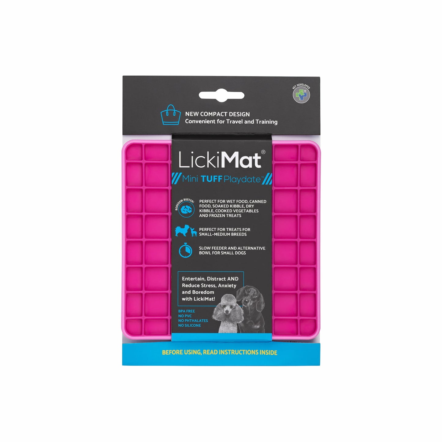 Pink LickiMat® Mini Tuff Playdate™ – Slow Feeder Lick Mat for Small Dogs (label) on white background