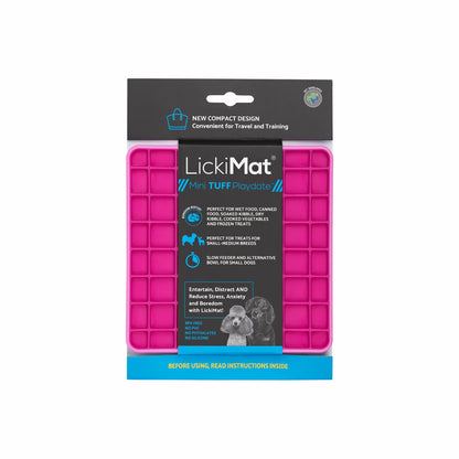 Pink LickiMat® Mini Tuff Playdate™ – Slow Feeder Lick Mat for Small Dogs (label) on white background