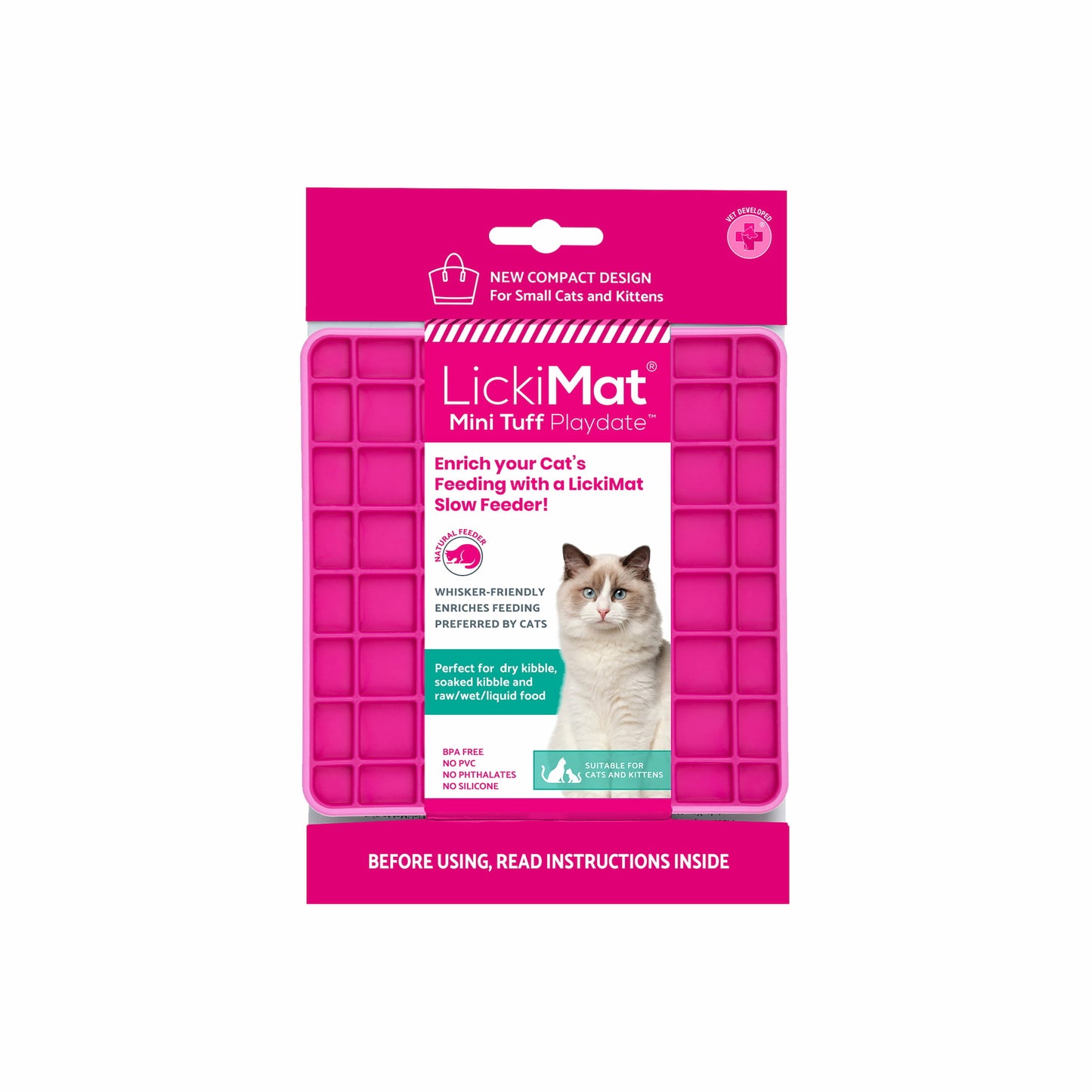 Pink LickiMat® Mini Tuff Playdate™ – Durable Slow Feeder Lick Mat for Cats (label) on white background