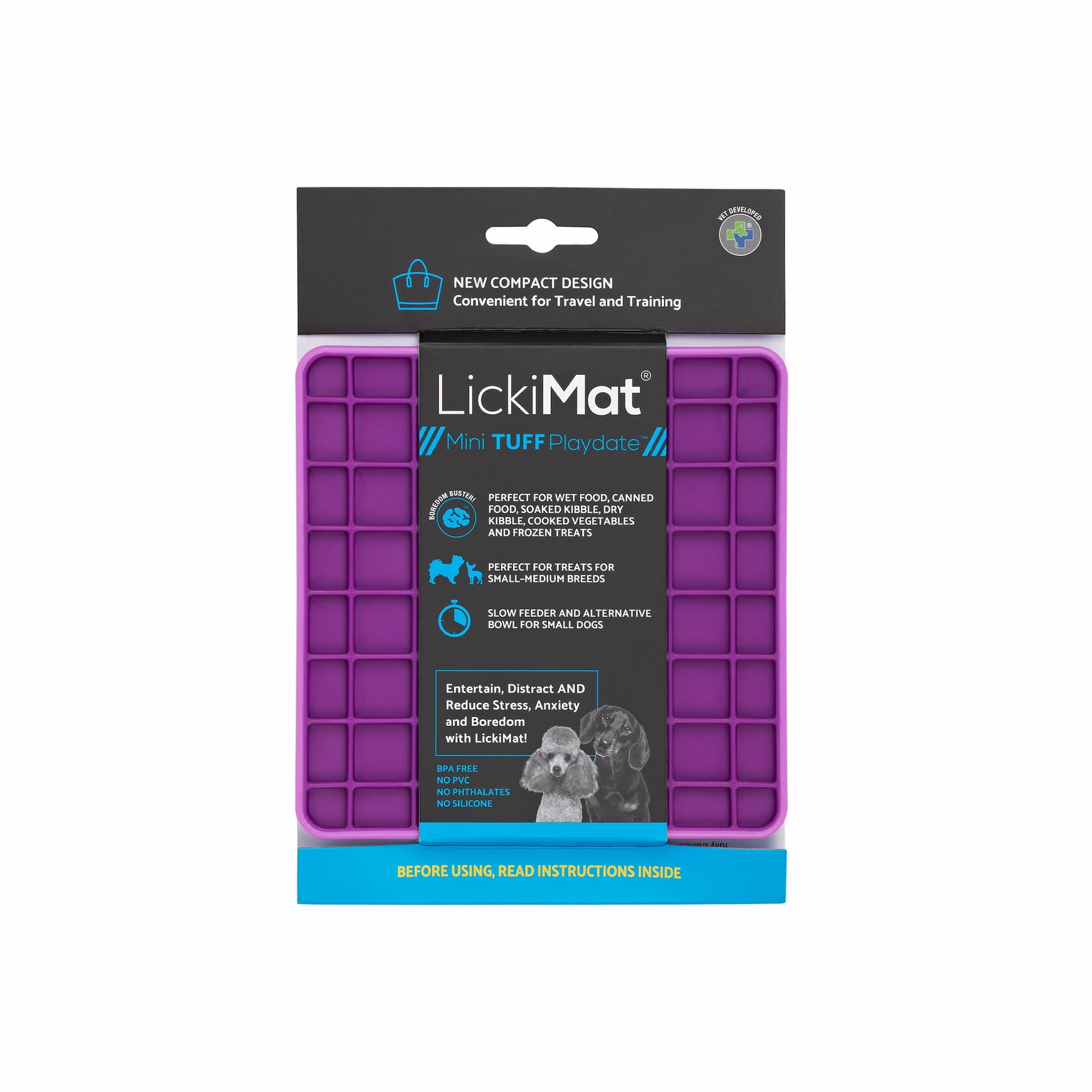 Purple LickiMat® Mini Tuff Playdate™ – Slow Feeder Lick Mat for Small Dogs (label) on white background