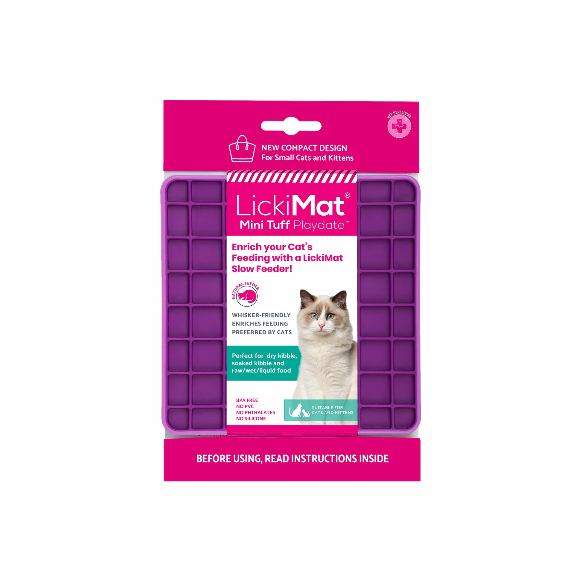 Purple LickiMat® Mini Tuff Playdate™ – Durable Slow Feeder Lick Mat for Cats (label) on white background