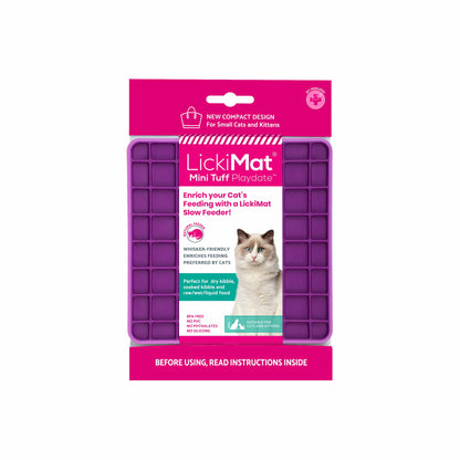 Purple LickiMat® Mini Tuff Playdate™ – Durable Slow Feeder Lick Mat for Cats (label) on white background