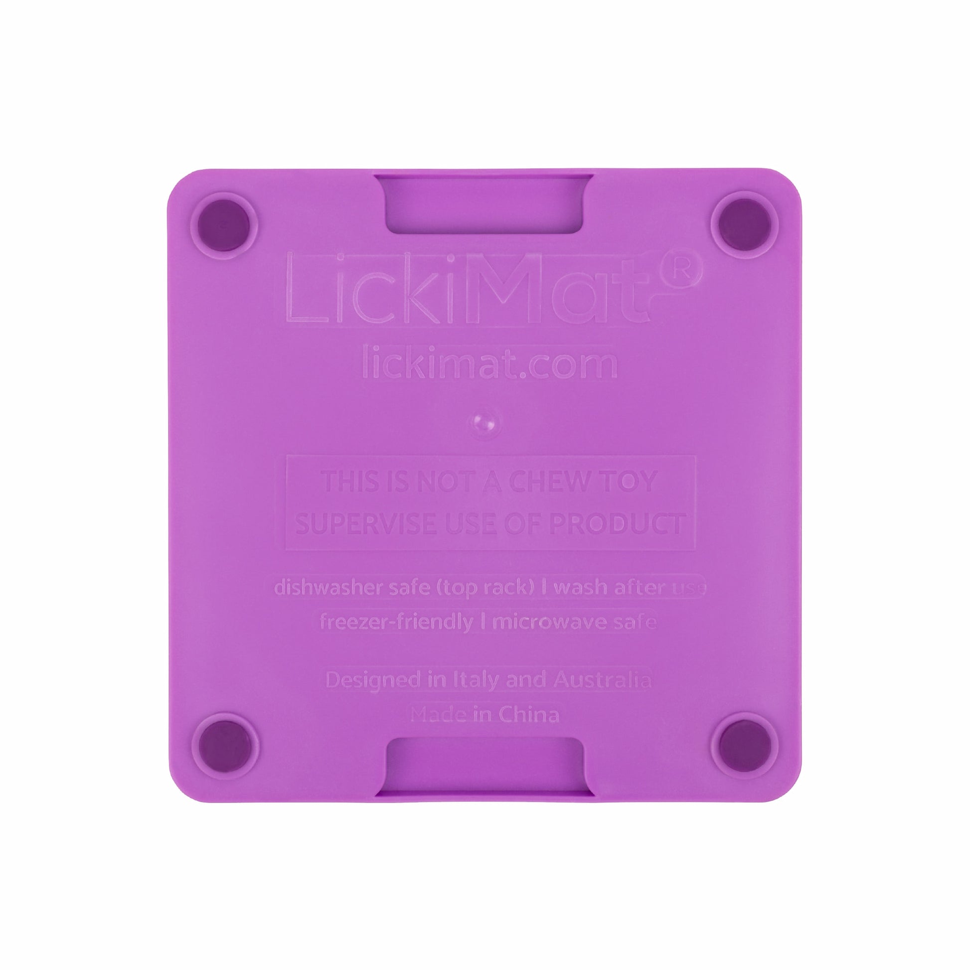 Purple LickiMat® Mini Tuff Playdate™ – Durable Slow Feeder Lick Mat for Cats (rear) on white background