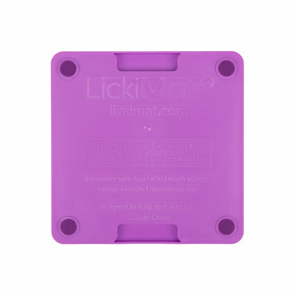 Purple LickiMat® Mini Tuff Playdate™ – Durable Slow Feeder Lick Mat for Cats (rear) on white background