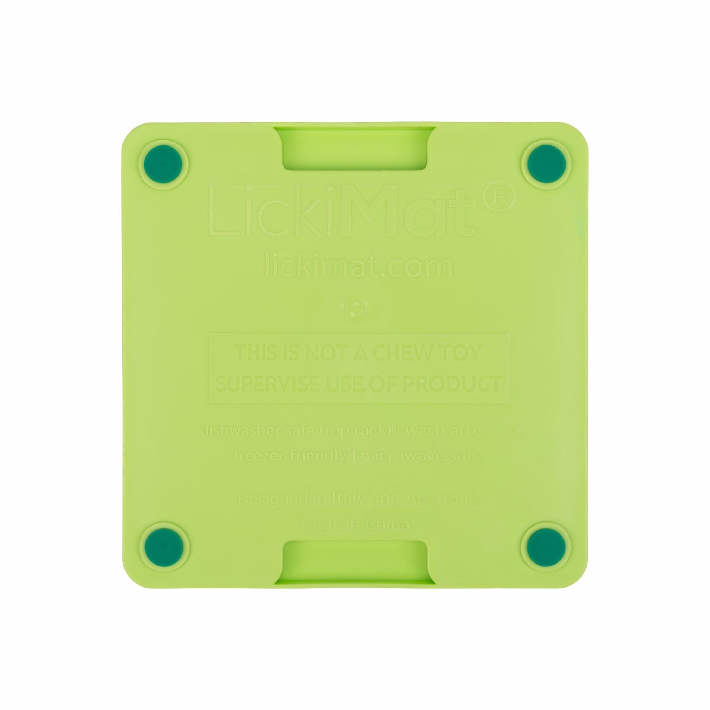 Green LickiMat® Mini Tuff Playdate™ – Slow Feeder Lick Mat for Small Dogs (rear) on white background