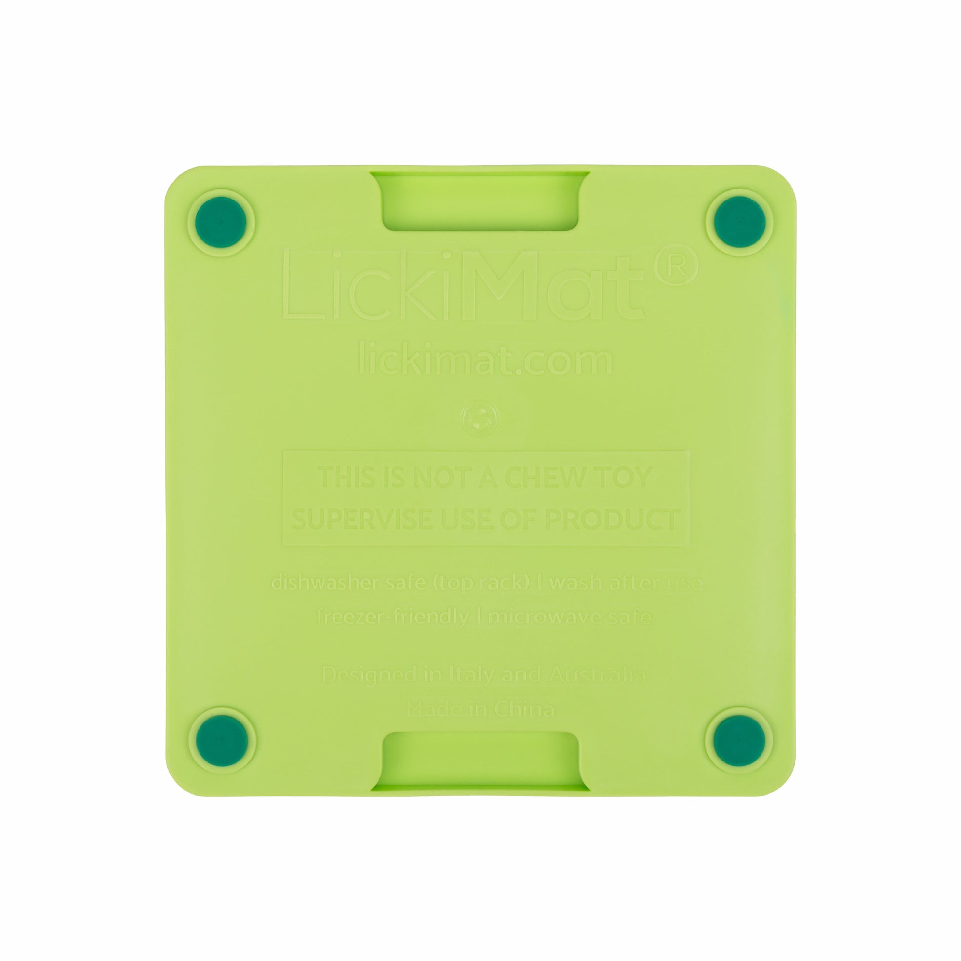 Green LickiMat® Mini Tuff Playdate™ – Slow Feeder Lick Mat for Small Dogs (rear) on white background
