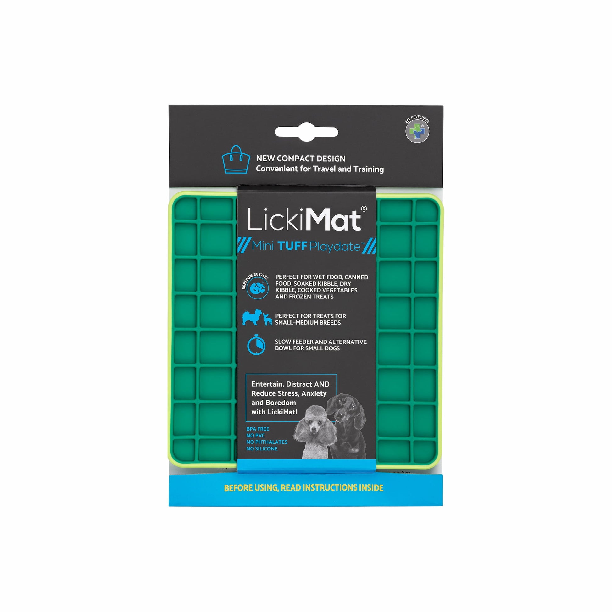 Green LickiMat® Mini Tuff Playdate™ – Slow Feeder Lick Mat for Small Dogs (label) on white background