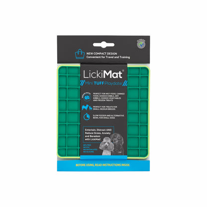 Green LickiMat® Mini Tuff Playdate™ – Slow Feeder Lick Mat for Small Dogs (label) on white background