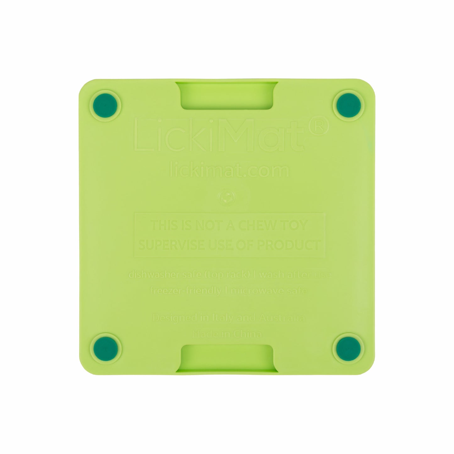 Green LickiMat® Mini Tuff Playdate™ – Durable Slow Feeder Lick Mat for Cats (rear) on white background