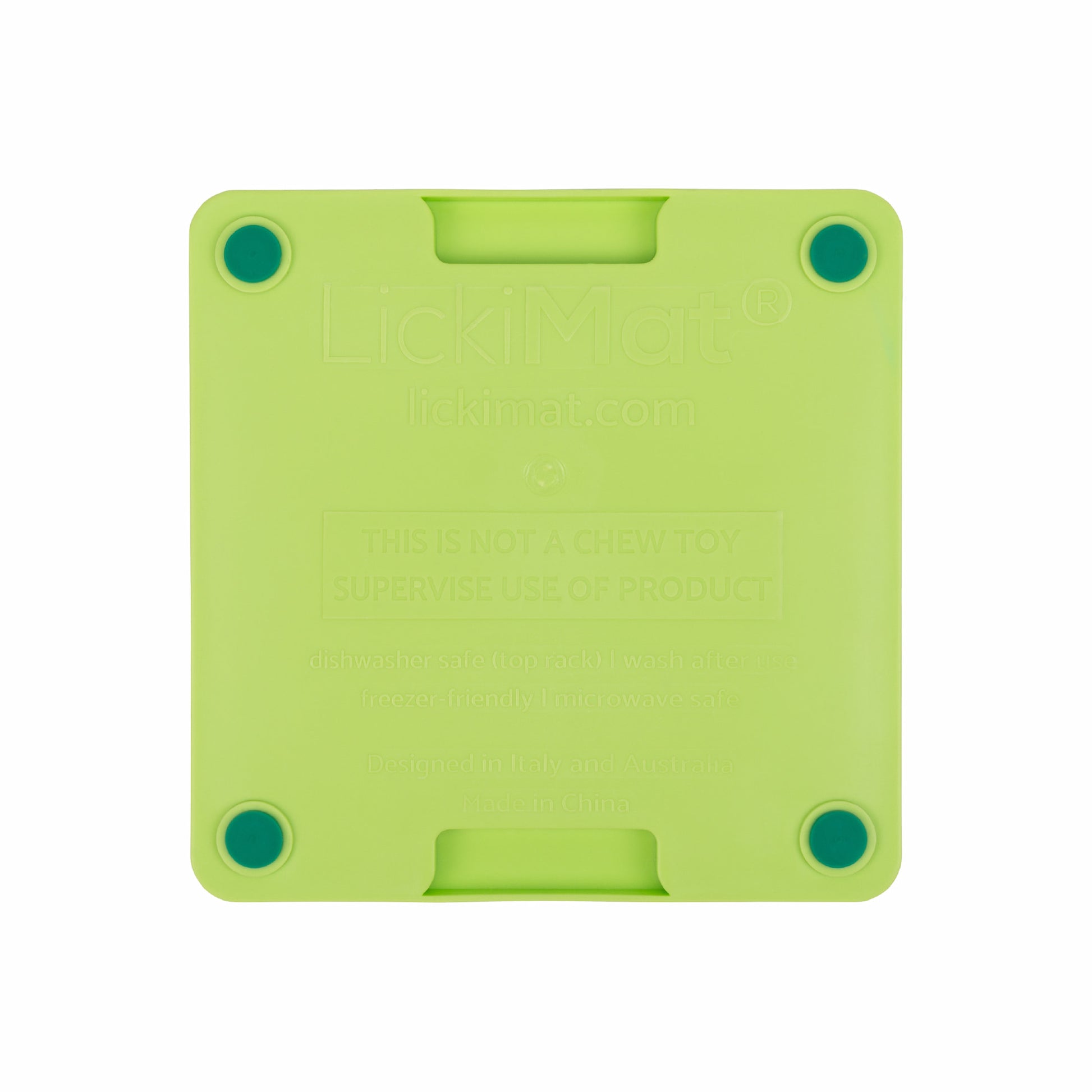 Green LickiMat® Mini Tuff Playdate™ – Durable Slow Feeder Lick Mat for Cats (rear) on white background