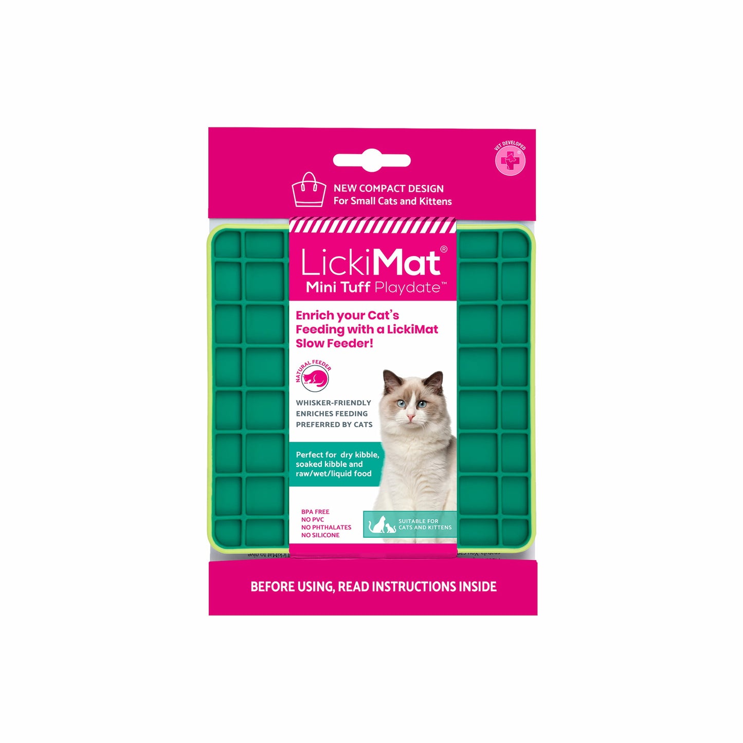 Green LickiMat® Mini Tuff Playdate™ – Durable Slow Feeder Lick Mat for Cats (label) on white background