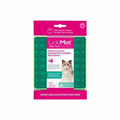 Green LickiMat® Mini Tuff Playdate™ – Durable Slow Feeder Lick Mat for Cats (label) on white background