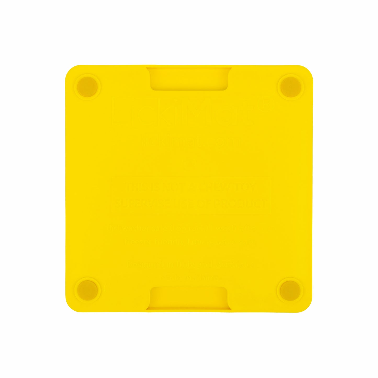 Yellow LickiMat Mini Tuff Soother™ – Durable Slow Feeder Lick Mat for Cats (rear) on white background