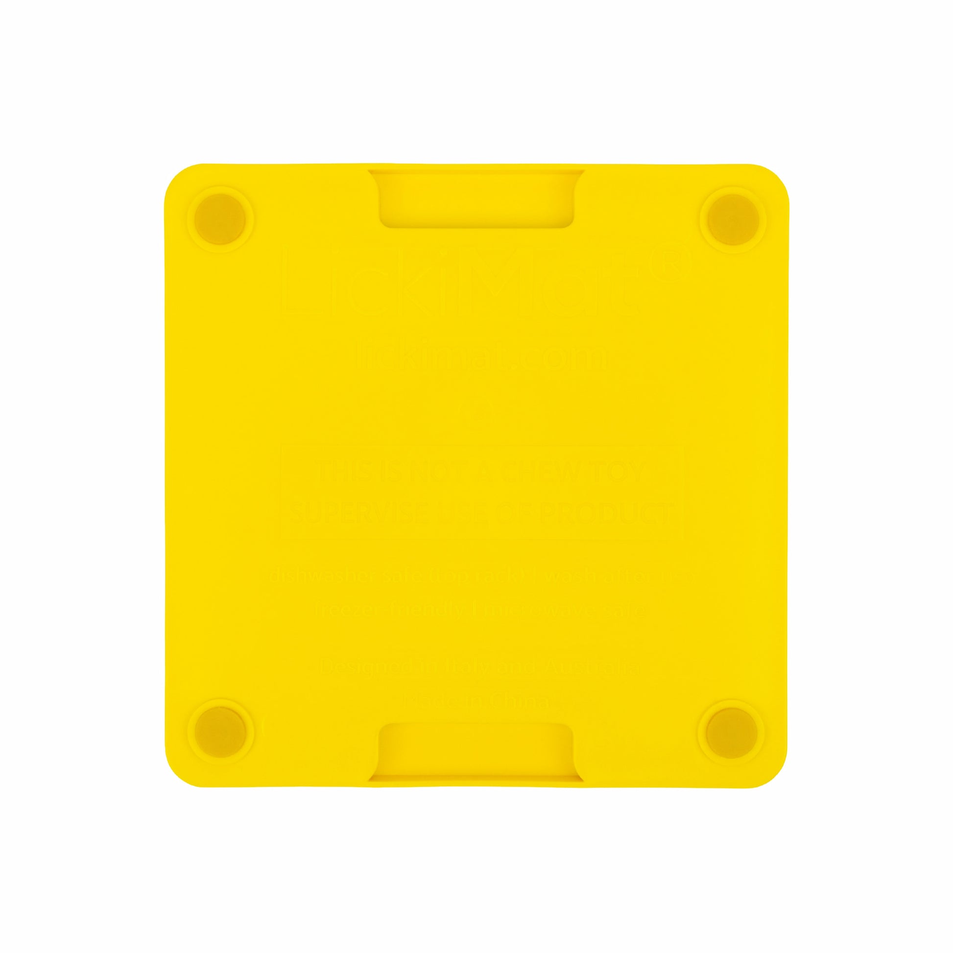 Yellow LickiMat Mini Tuff Soother™ – Durable Slow Feeder Lick Mat for Cats (rear) on white background