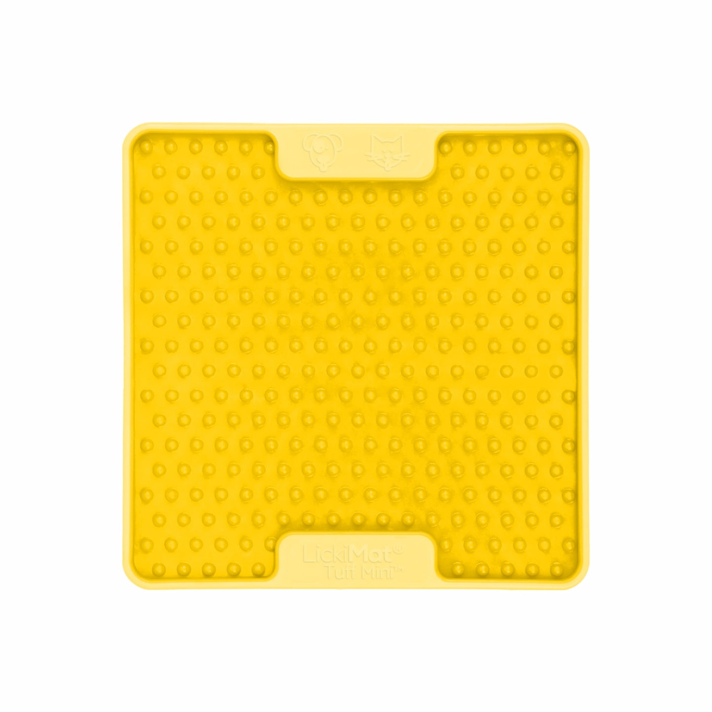 Yellow LickiMat Mini Tuff Soother™ – Durable Slow Feeder Lick Mat for Cats (front) on white background