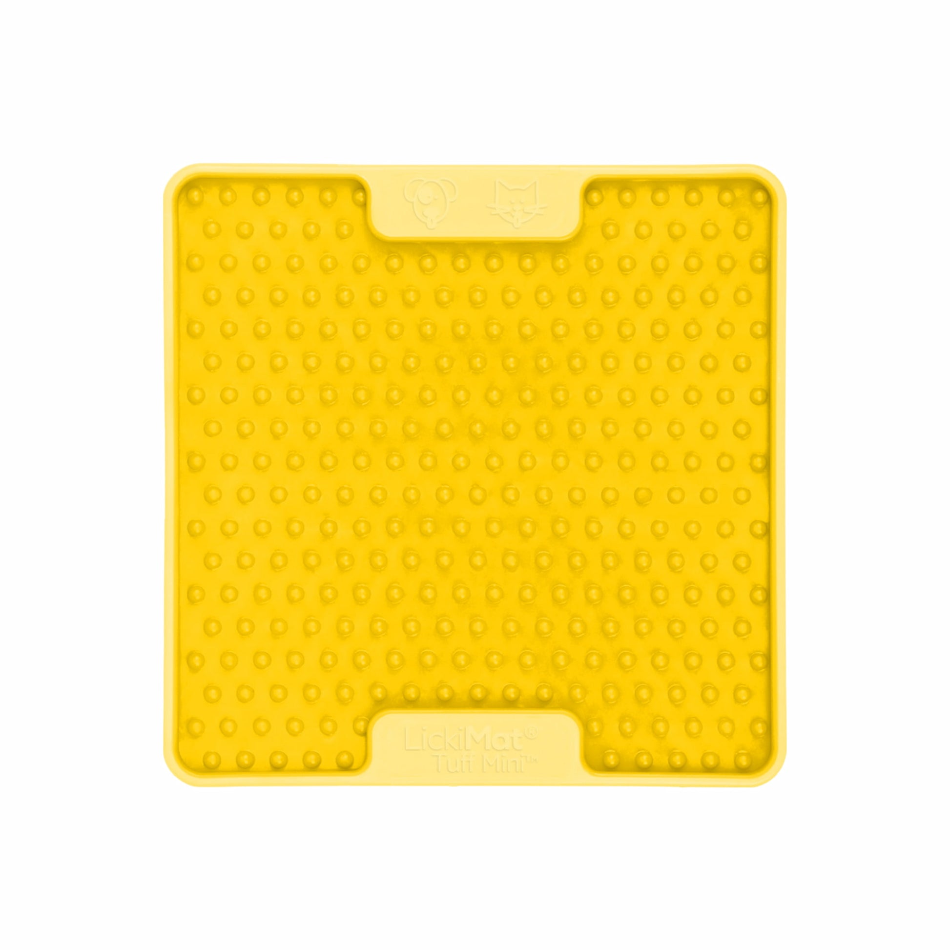 Yellow LickiMat Mini Tuff Soother™ – Durable Slow Feeder Lick Mat for Cats (front) on white background