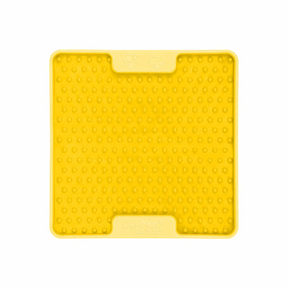 Yellow LickiMat Mini Tuff Soother™ – Durable Slow Feeder Lick Mat for Cats (front) on white background