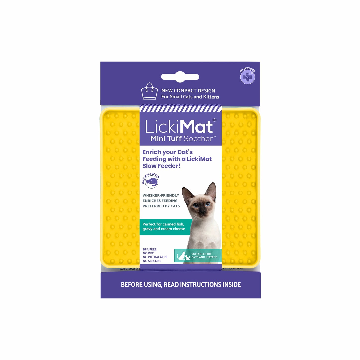 Yellow LickiMat Mini Tuff Soother™ – Durable Slow Feeder Lick Mat for Cats (label) on white background