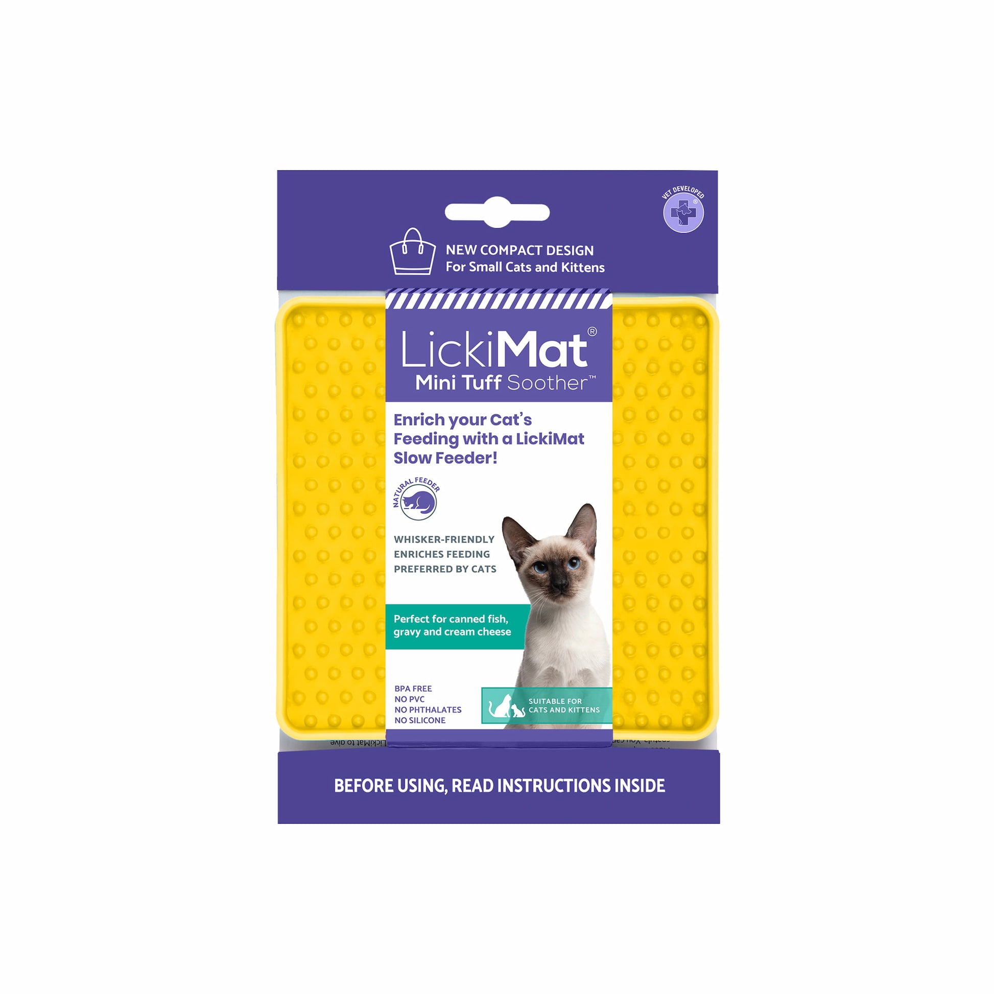 Yellow LickiMat Mini Tuff Soother™ – Durable Slow Feeder Lick Mat for Cats (label) on white background