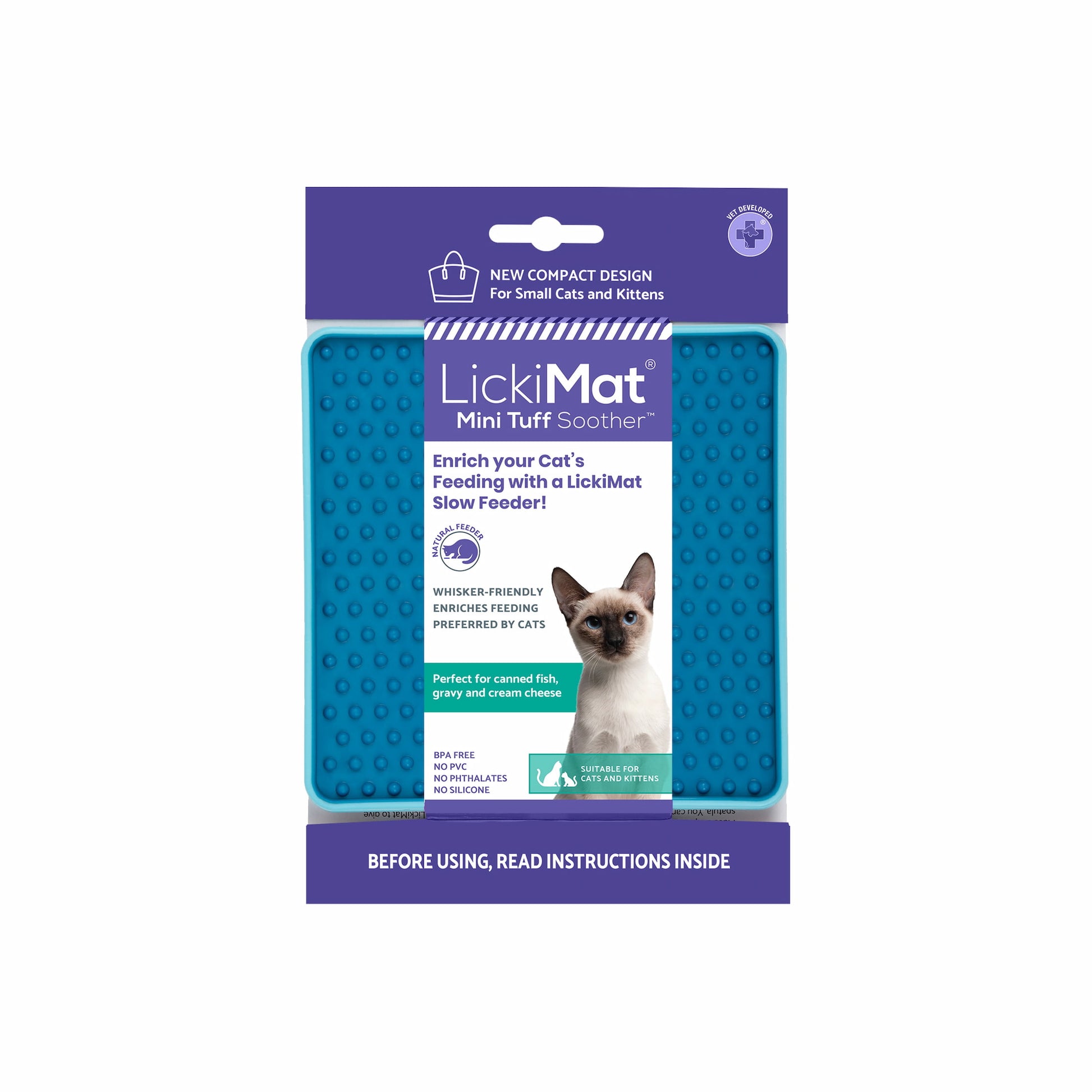 Turquoise LickiMat Mini Tuff Soother™ – Durable Slow Feeder Lick Mat for Cats (label) on white background