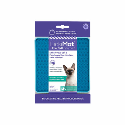 Turquoise LickiMat Mini Tuff Soother™ – Durable Slow Feeder Lick Mat for Cats (label) on white background