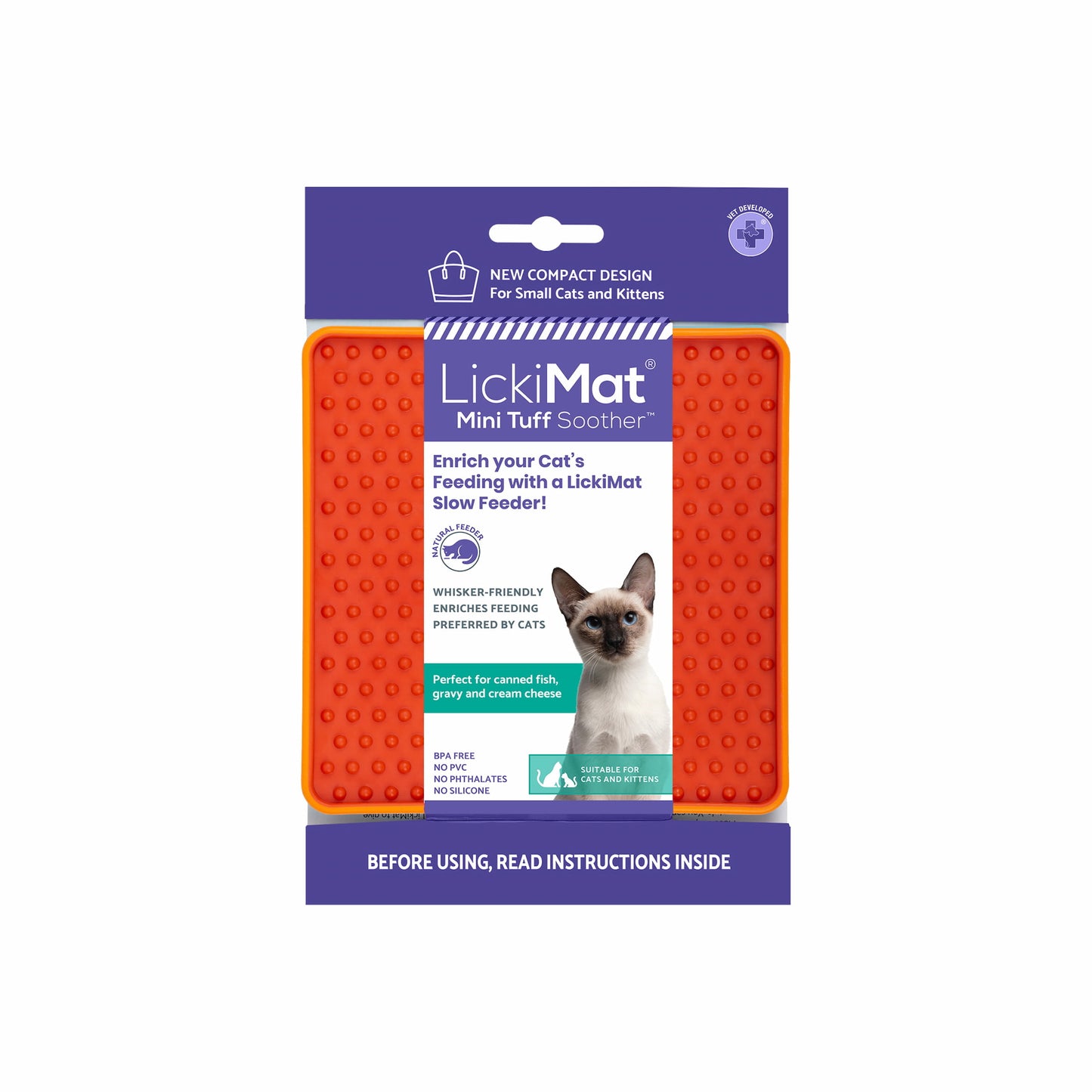 Orange LickiMat Mini Tuff Soother™ – Durable Slow Feeder Lick Mat for Cats (label) on white background