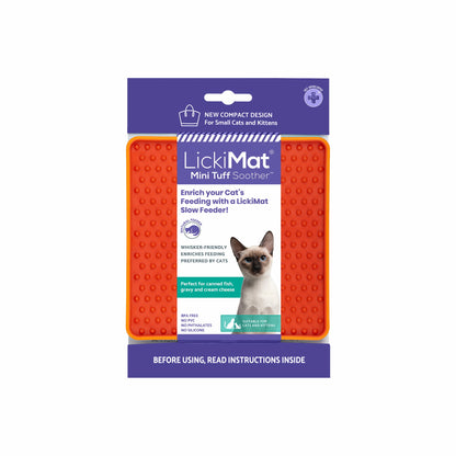 Orange LickiMat Mini Tuff Soother™ – Durable Slow Feeder Lick Mat for Cats (label) on white background