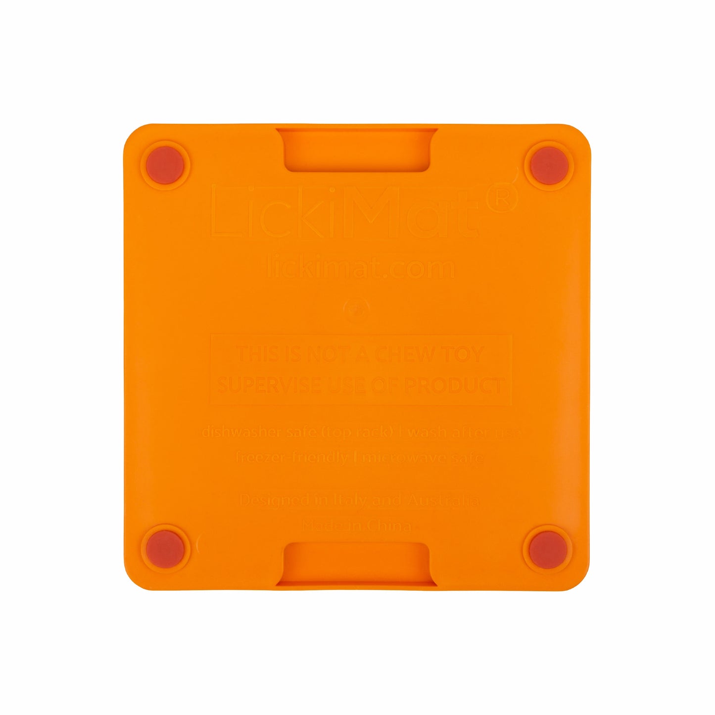 Orange LickiMat Mini Tuff Soother™ – Durable Slow Feeder Lick Mat for Cats (rear) on white background
