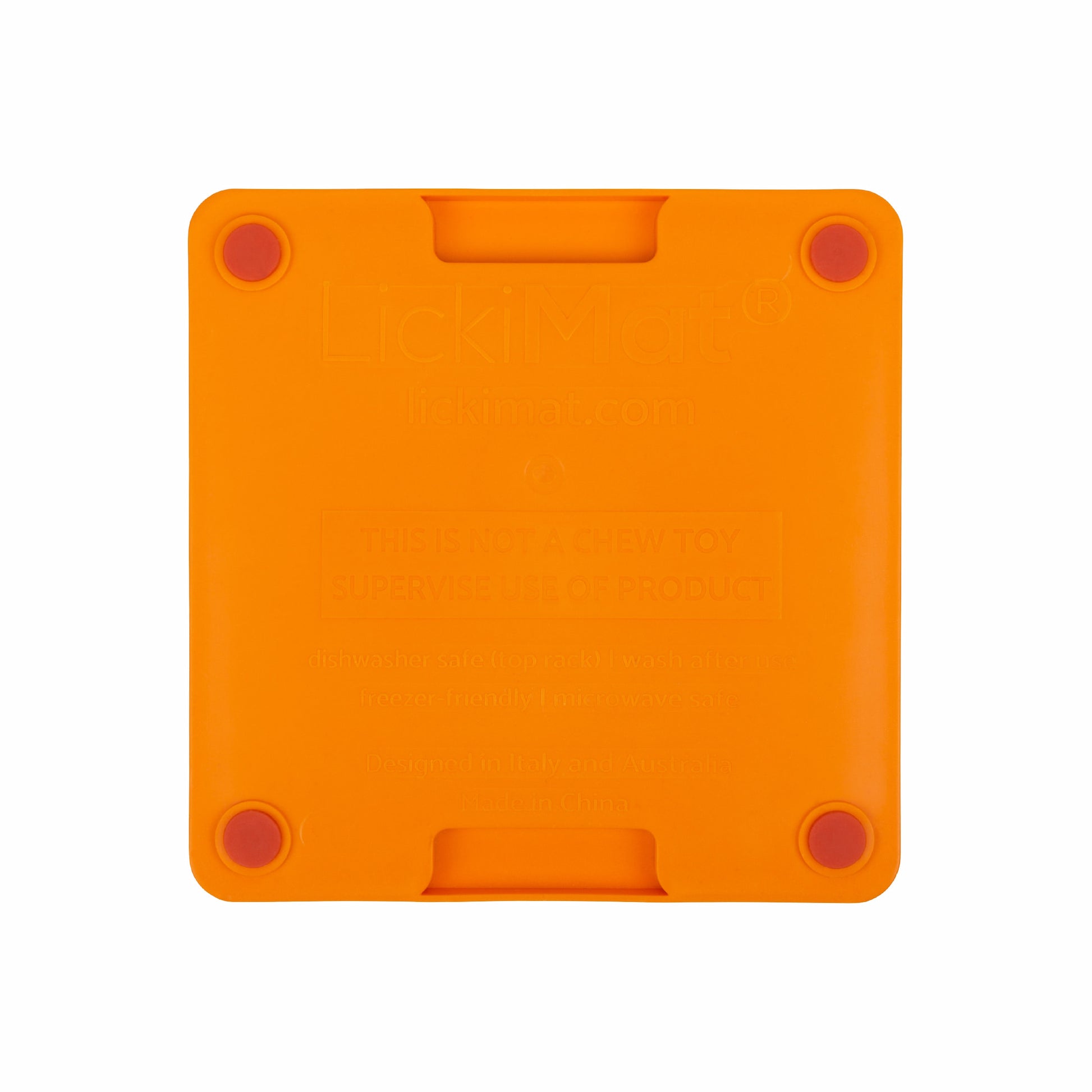 Orange LickiMat Mini Tuff Soother™ – Durable Slow Feeder Lick Mat for Cats (rear) on white background