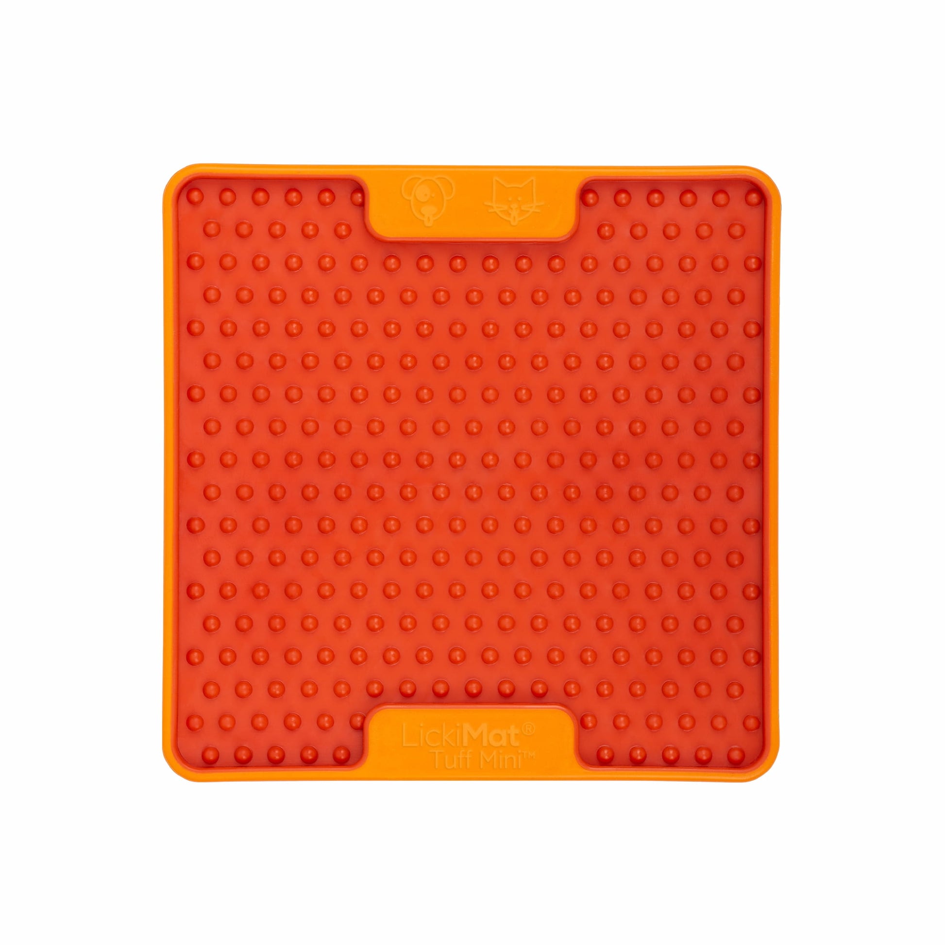 Orange LickiMat Mini Tuff Soother™ – Durable Slow Feeder Lick Mat for Cats (front) on white background