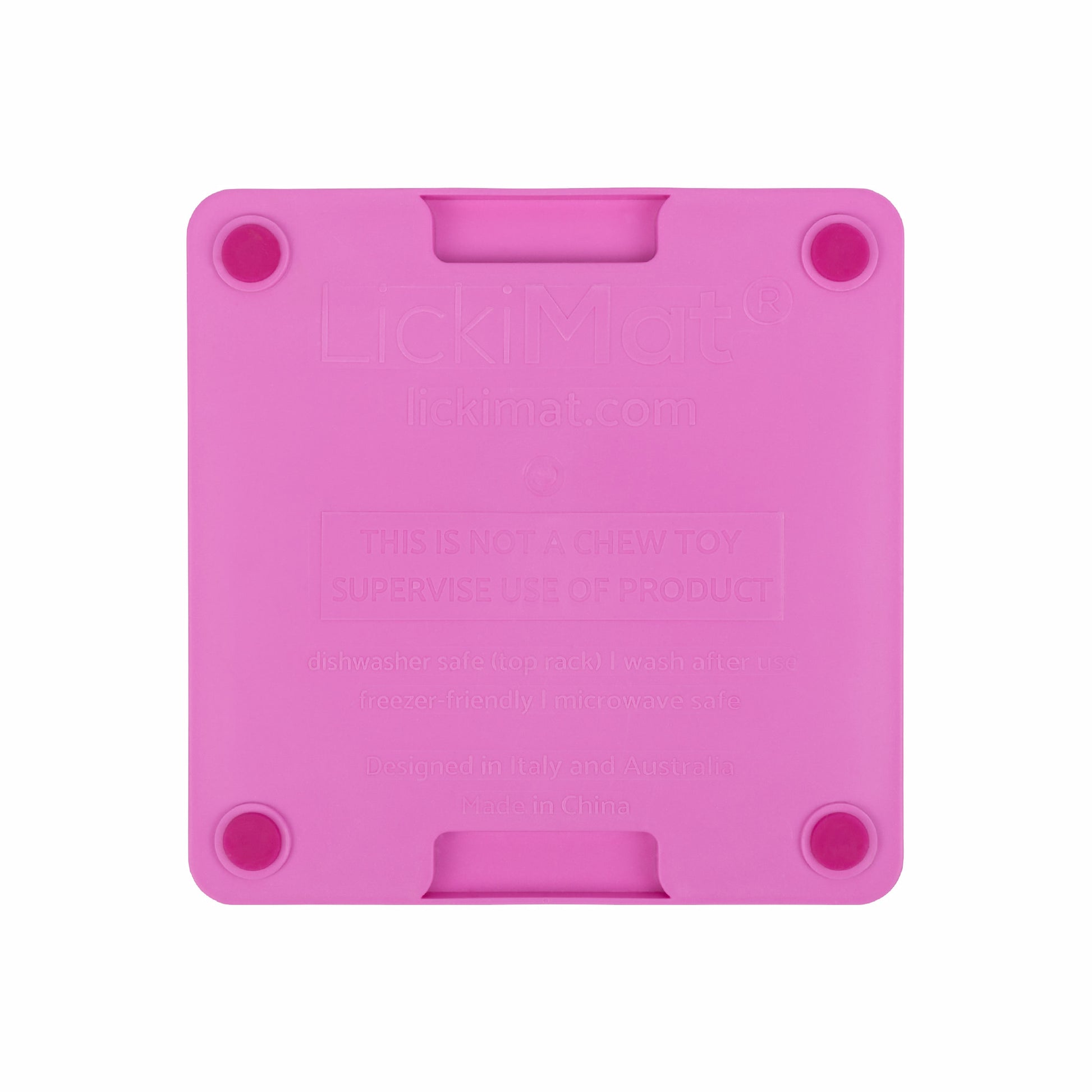 Pink LickiMat Mini Tuff Soother™ – Durable Slow Feeder Lick Mat for Cats (rear) on white background
