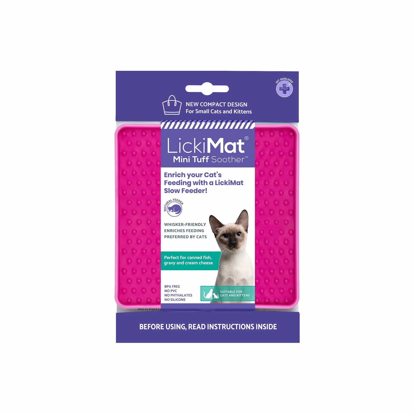 Pink LickiMat Mini Tuff Soother™ – Durable Slow Feeder Lick Mat for Cats (label) on white background