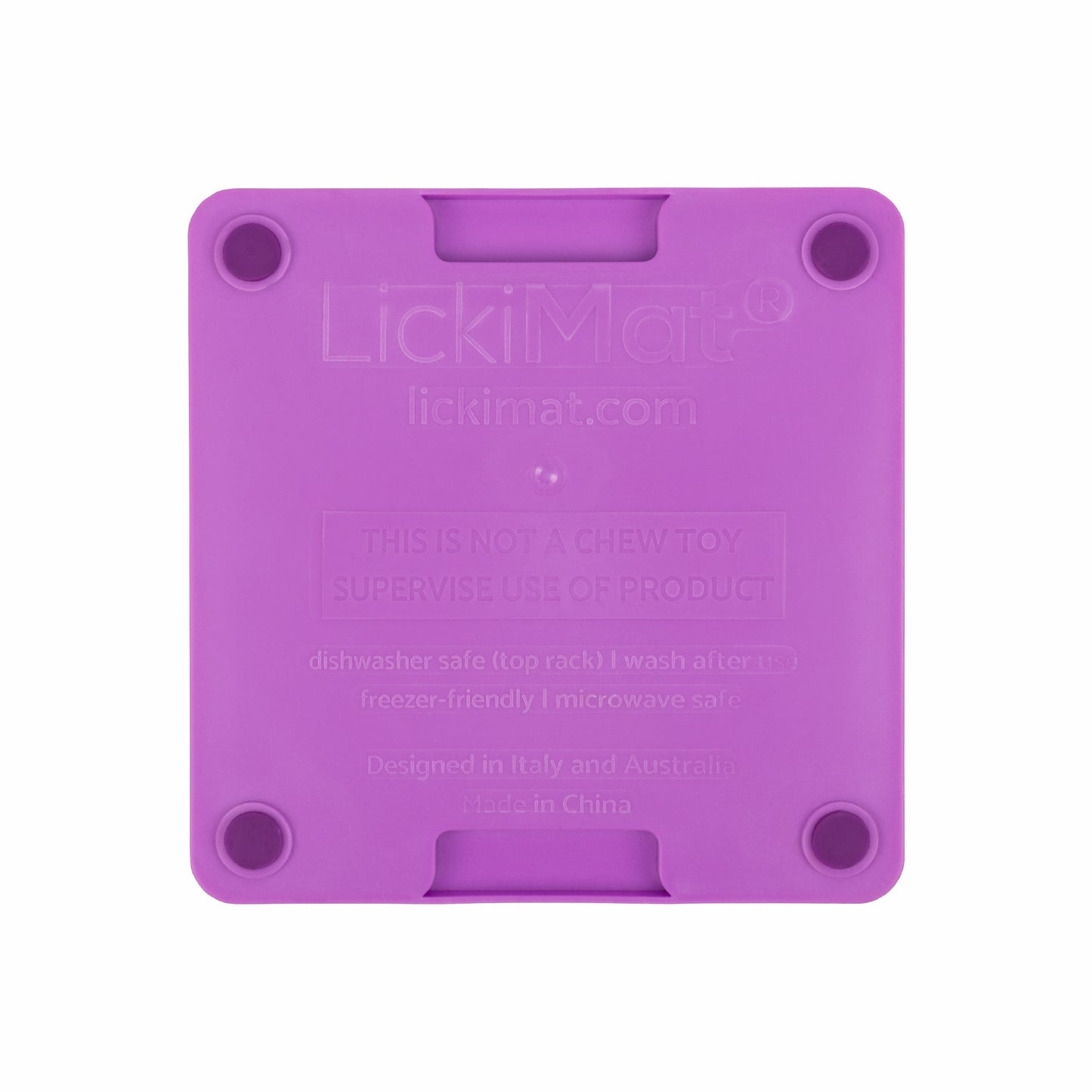 Purple LickiMat Mini Tuff Soother™ – Durable Slow Feeder Lick Mat for Cats (rear) on white background
