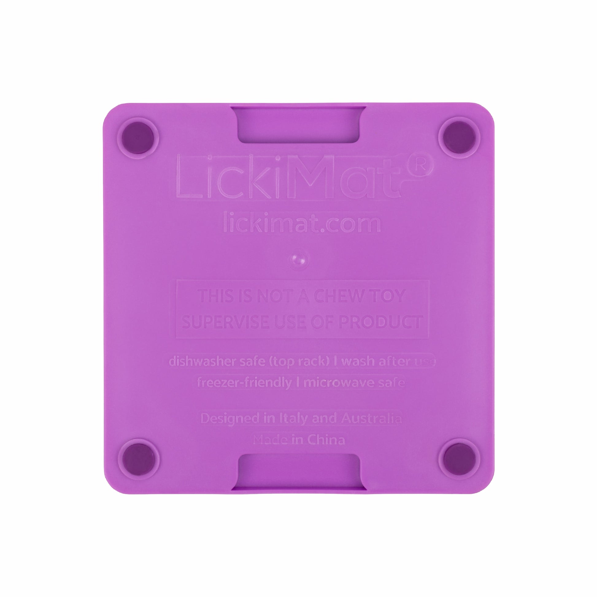 Purple LickiMat Mini Tuff Soother™ – Durable Slow Feeder Lick Mat for Cats (rear) on white background