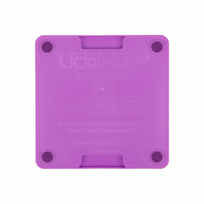 Purple LickiMat Mini Tuff Soother™ – Durable Slow Feeder Lick Mat for Cats (rear) on white background