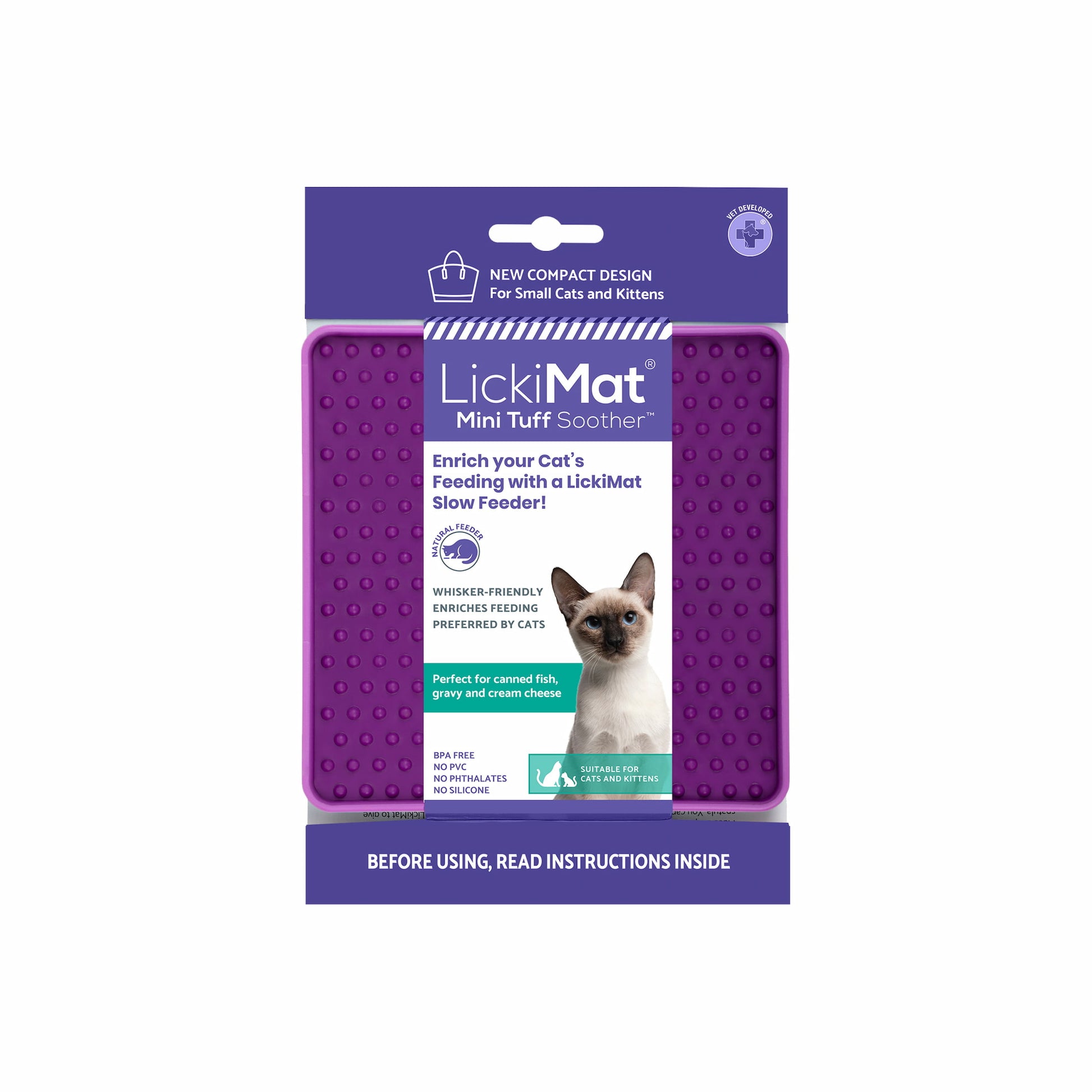 Purple LickiMat Mini Tuff Soother™ – Durable Slow Feeder Lick Mat for Cats (label) on white background