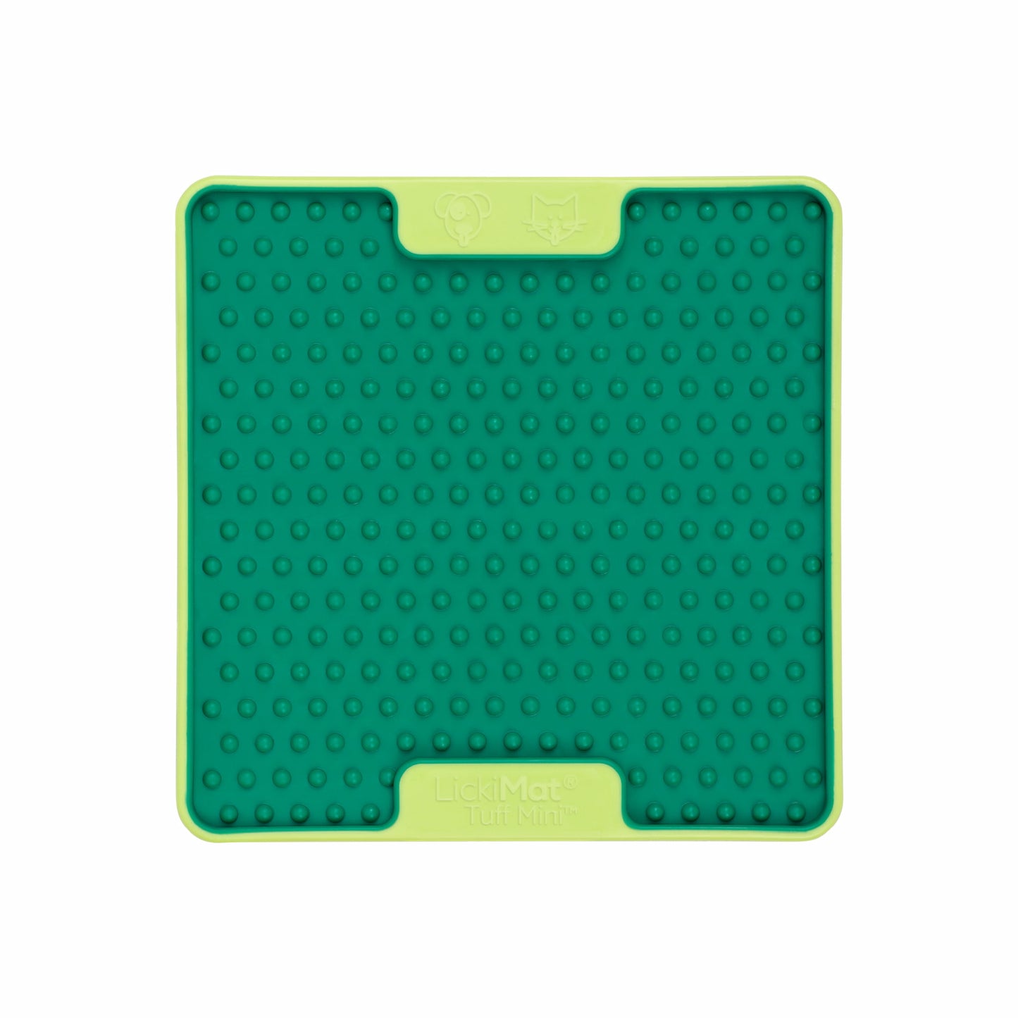 Green LickiMat Mini Tuff Soother™ – Durable Slow Feeder Lick Mat for Cats (front) on white background