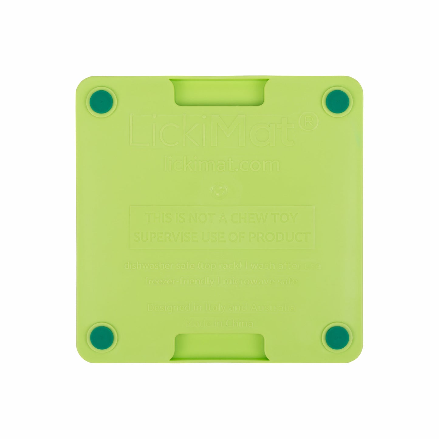 Green LickiMat Mini Tuff Soother™ – Durable Slow Feeder Lick Mat for Cats (rear) on white background
