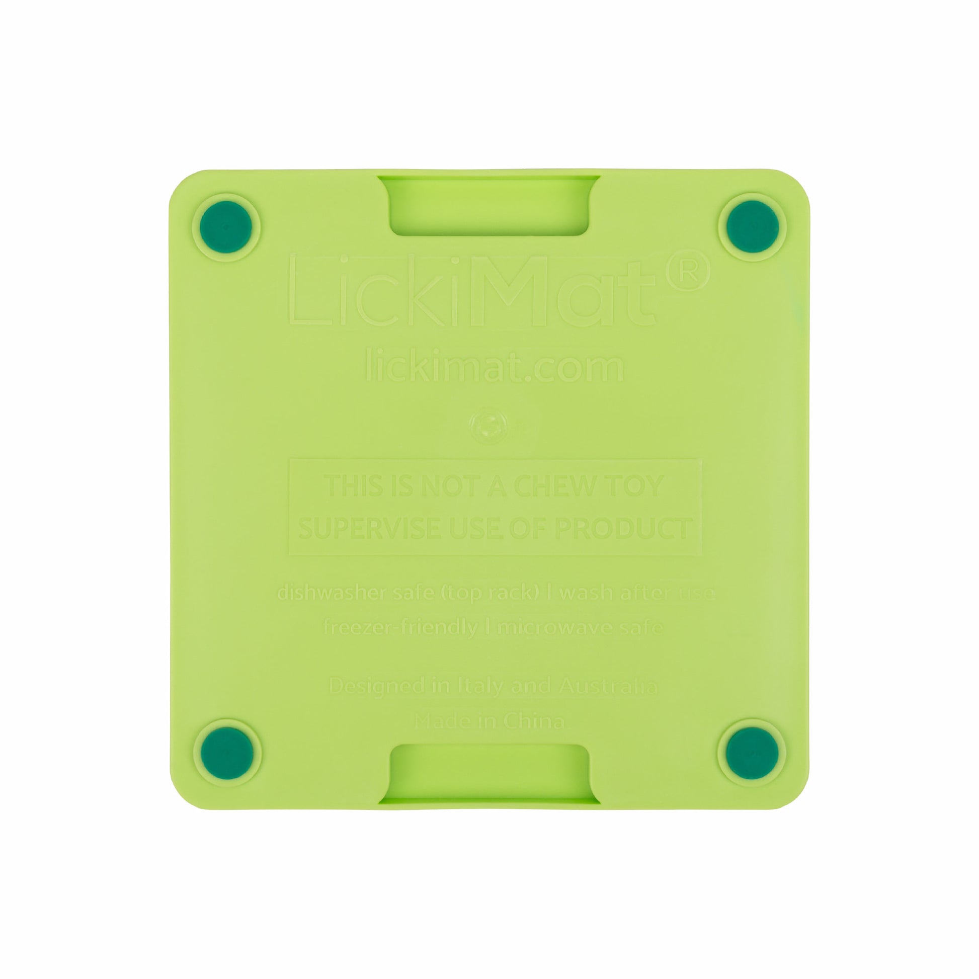 Green LickiMat Mini Tuff Soother™ – Durable Slow Feeder Lick Mat for Cats (rear) on white background